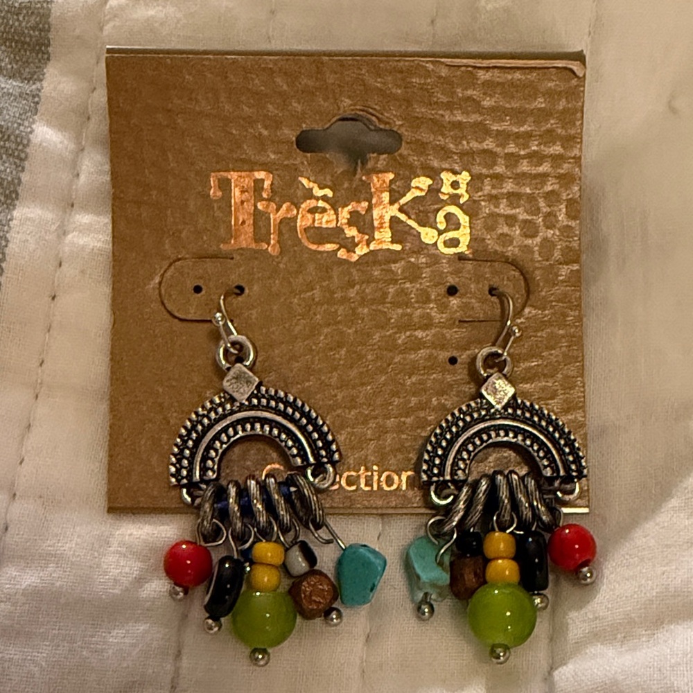 Treska Silver tone Earrings with Multicolor Beads boho